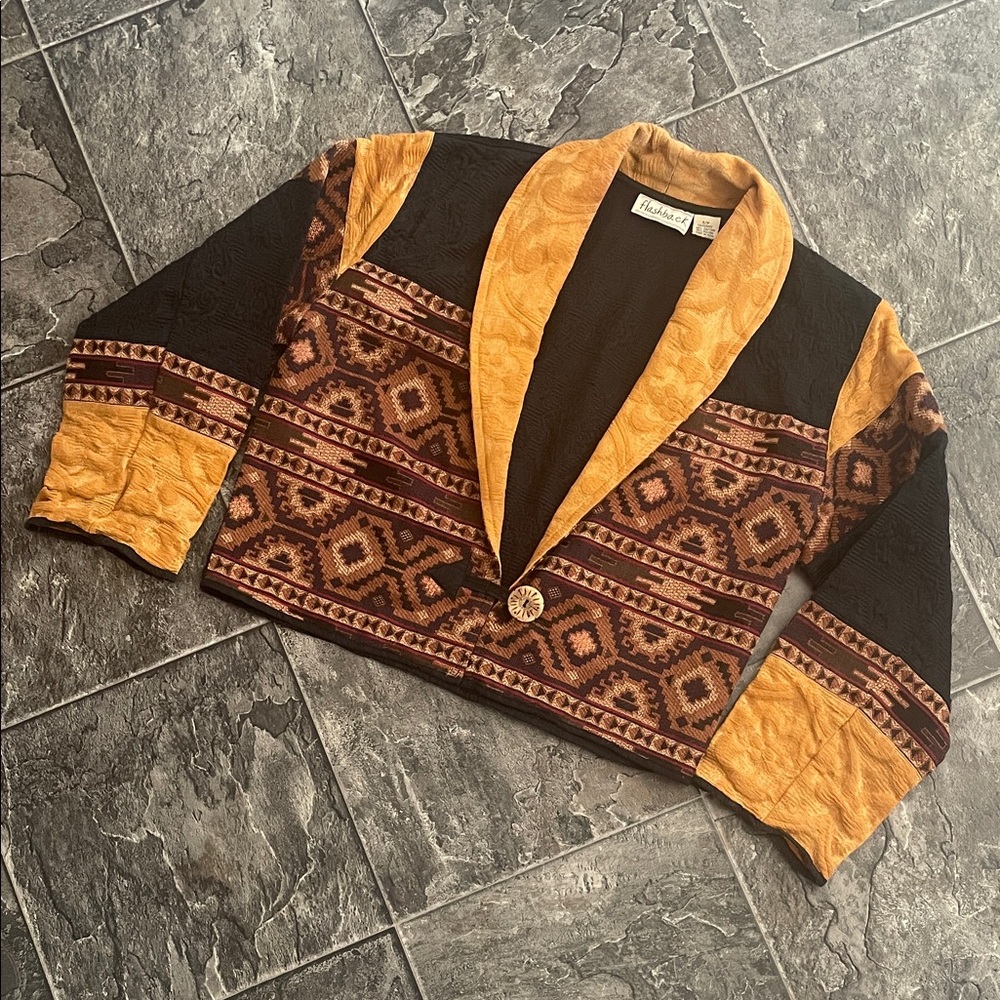 Vintage FLASHBACK Black Gold Burgundy Brocade Southwestern Aztec Crop Blazer